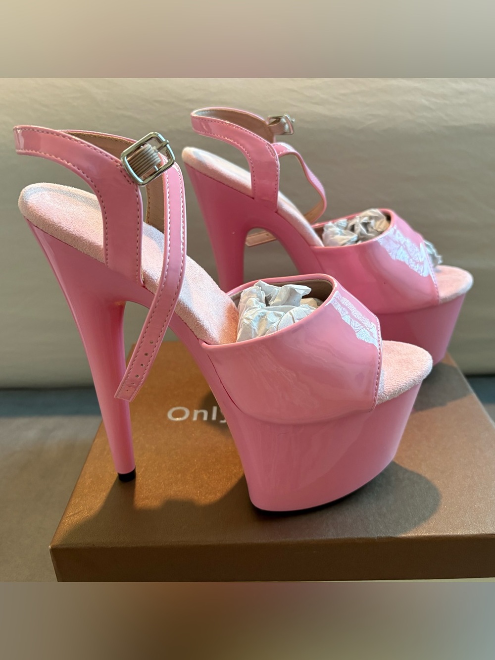 Only Maker Pink High Heel Platform Sandal with Ankle Strap - US Size 7